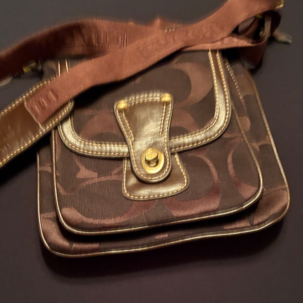 Coach dark brown canvas bag with leather trim